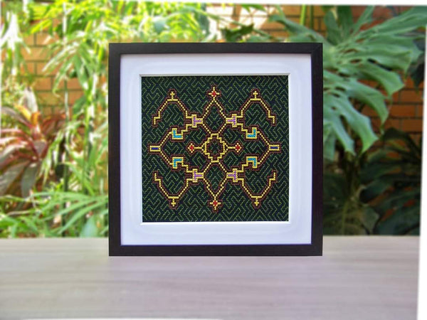 Cuadro Kené #001 — Framed Shipibo Embroidery